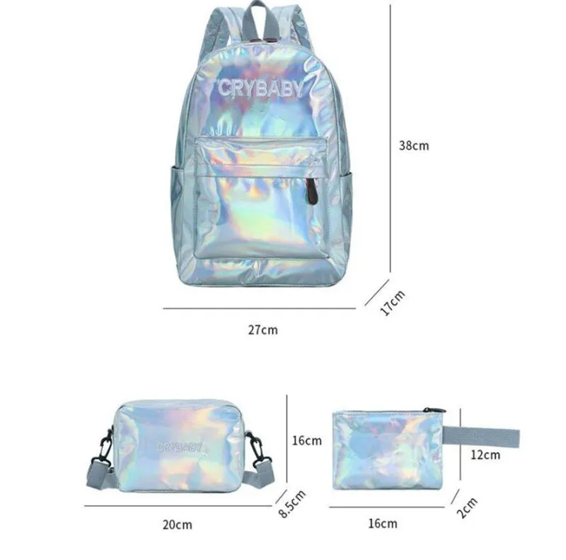 Bolsa de Escola + Bolsas de Ombro Holográfico Laser Mochila Bordado Crybaby Letras Holograma Conjunto 3 Pçs - Set 2020 2 2020 holográfico laser mochila bordado crybaby letras