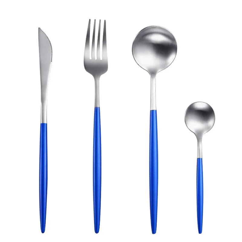 Набор столовых приборов Десертные Вилки Ножи Ложки палочки для еды нержавеющая сталь столовое серебро стейк посуда матовые серебряные столовые приборы посуда - Цвет: blue silver