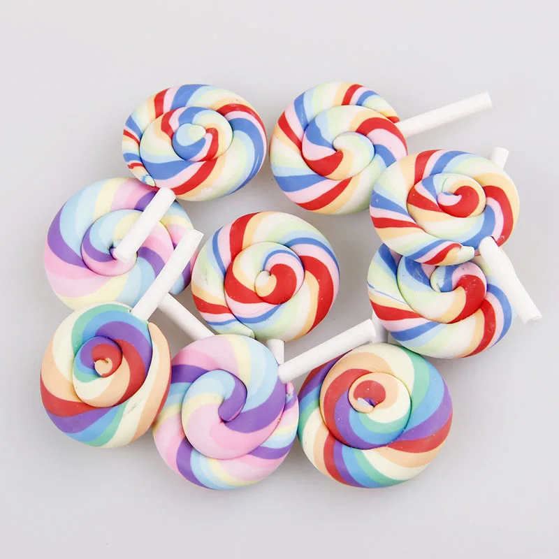 

10pcs Beauty 4 colors Kawaii Spiral Rainbow Lollipop Candy Polymer Clay Cabochons Flatback For DIY Phone Decoration