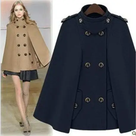 

Women Batwing Double-breasted Coat Jacket Cape Wool Poncho Cloak Outwear