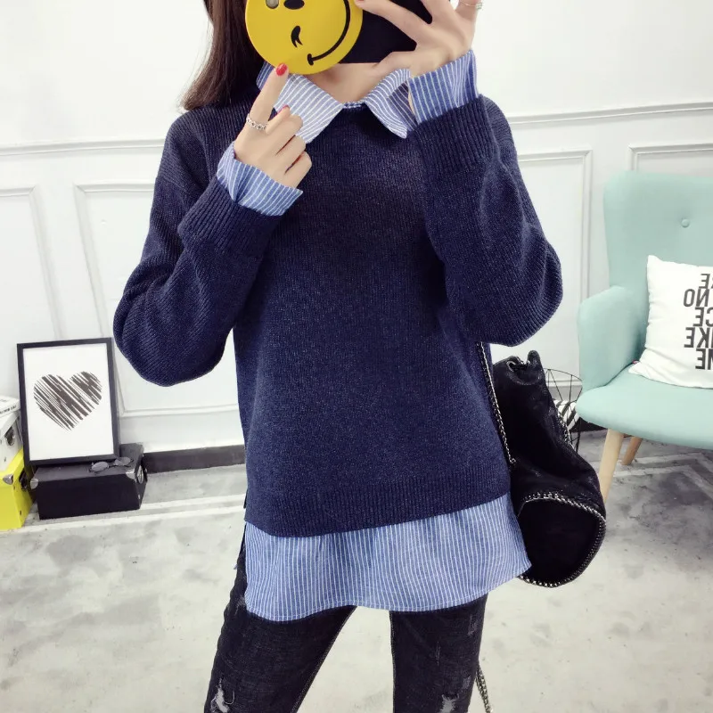 2020 Autumn Knitted Cotton Shirt Women Fake Two Piece Top Turn Down Collar Long Sleeve Winter Plus Size Tops And Shirts | Женская одежда