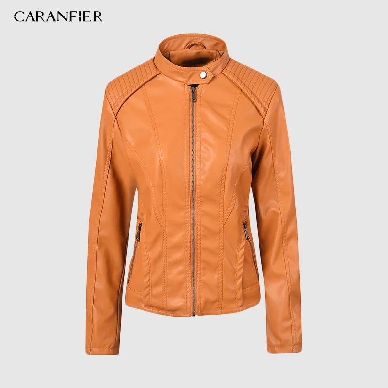 Yellow CARANFIER новые модные женские гладкие Мотоциклетные Куртки из искусственной кожи женские с длинным рукавом осенние зимние байкерские уличные пальто - Цвет: Yellow