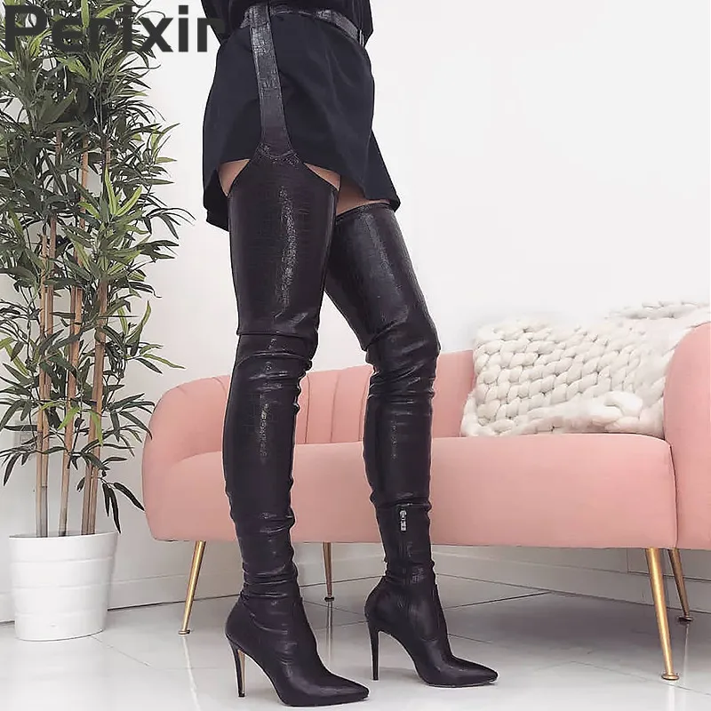 

Perixir Fashion PU Rihanna Style Over the Knee Boots for Women Shoes Pointed Toe Pleated Solid High Heels Long Thigh High Boots