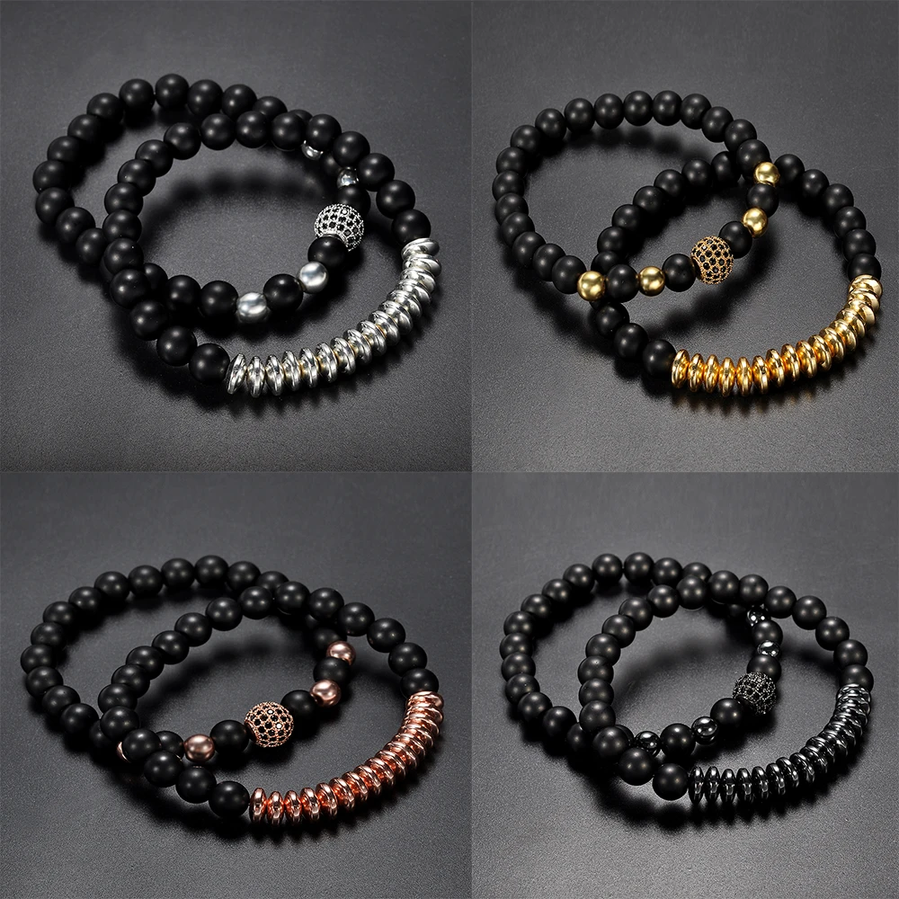 

2PCS/Set 8mm Nature Charm Men Punk Bracelets Beads bracelet Elastic rope Couple Bracelet set Jewelry