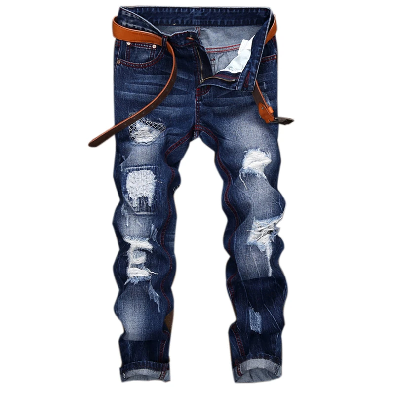 Men's hole patch ripped jeans Slim fit patchwork print denim pants