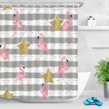 

LB Striped Watercolor Flamingo Gold Star Shower Curtains Liner Waterproof Custom Bathroom Curtain Fabric For Kids Bathtub Decor