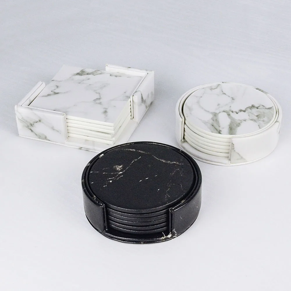 Creative PU Leather Marble Coaster Drink Coffee Cup Mat Tea Pad Dining Table Placemats Table Black