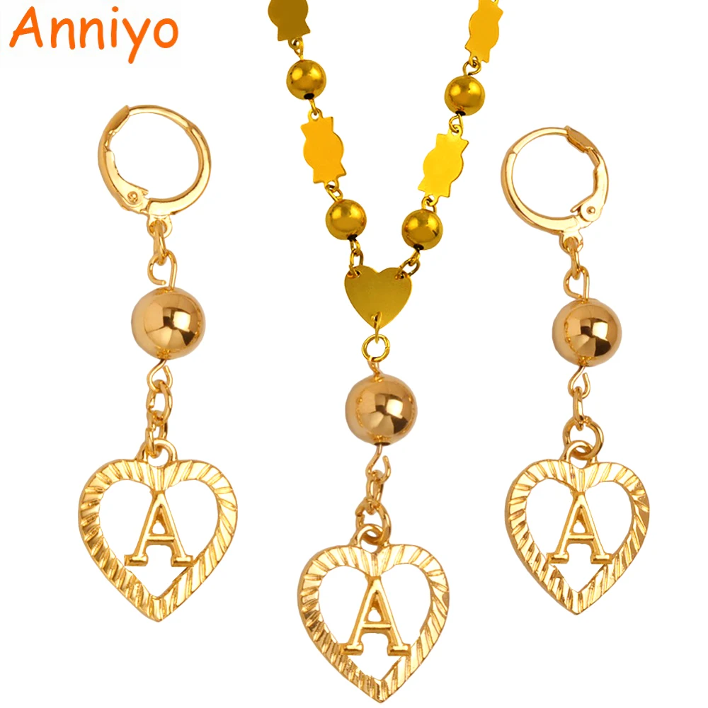 Anniyo A-Z Heart Letters Pendant Necklaces Gold Color Marshall Initial Alphabet Beads Chain Jewelry Micronesia Gifts #163206 | Украшения и