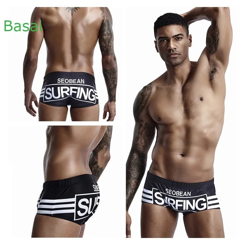 Sexy Stripes Men's Swimwear Bikini Swimming Trunks Men Swimsuit Seobean Gay Mens Swim Wear Beach Surf Bathing Suit Sport Shorts - Цвет: Black YK62