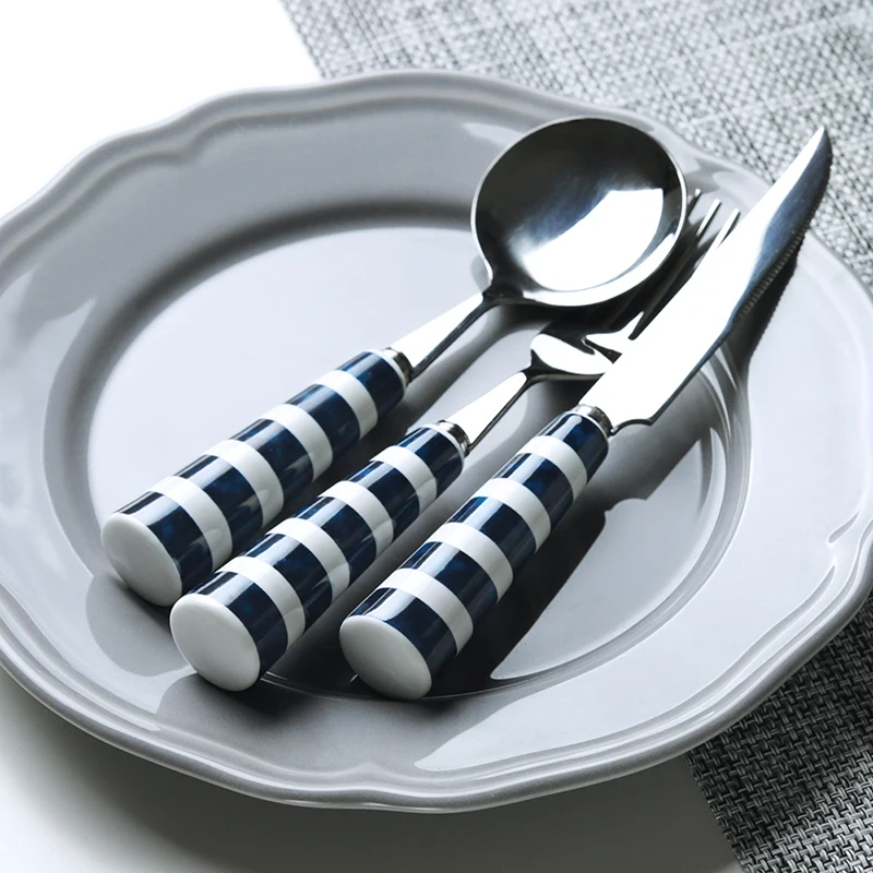Ceramic Striped Stainless Steel Flatware Salad Fork Soup Scoop Steak