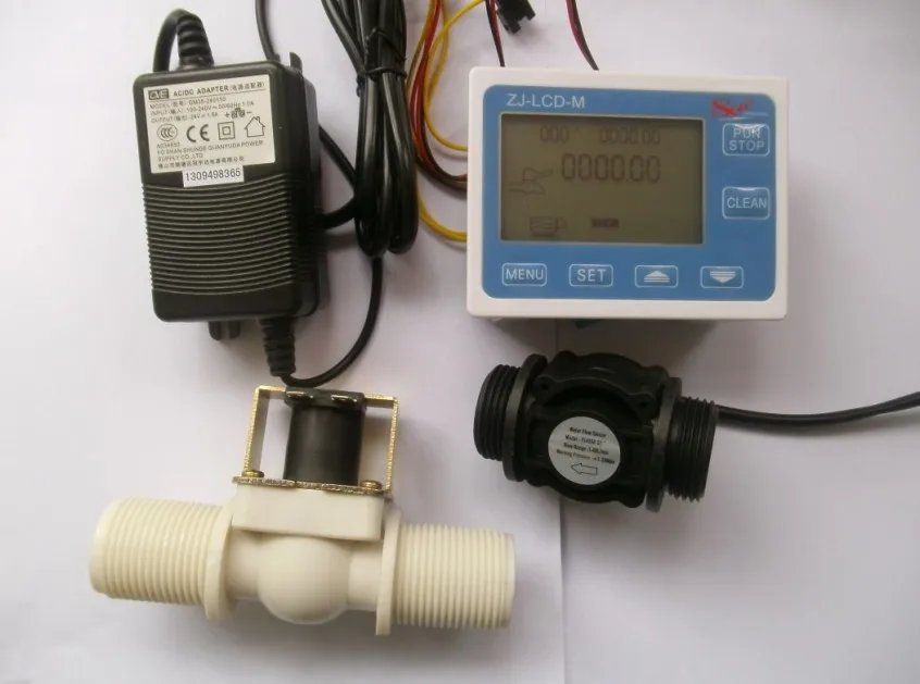 NEW 1" Water Flow Control LCD Meter + Flow Sensor Solenoid valve Power