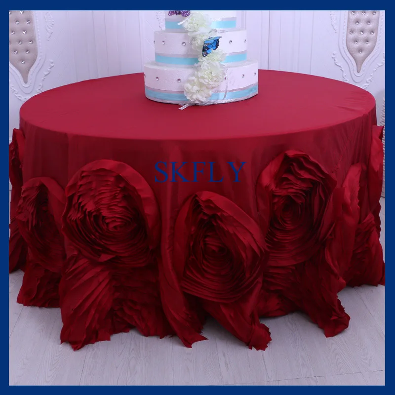 

CL052M popular luxury nice wedding fancy 120 inch round dark red or wine rosette table cloth