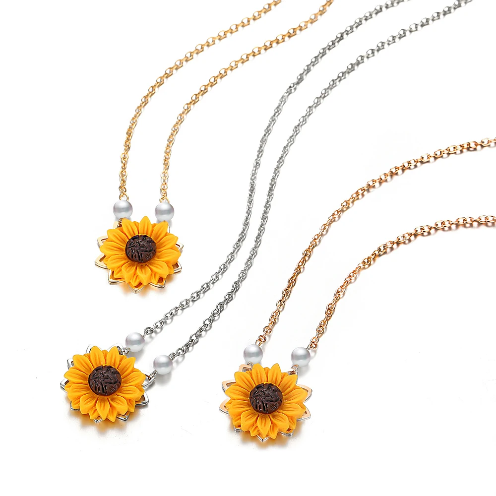 

2019 New Arrival Sunflower Pendant Sweater Necklaces For Women Ladies Long Gold Rose Gold Silver Chain Pearl Sweater Necklace