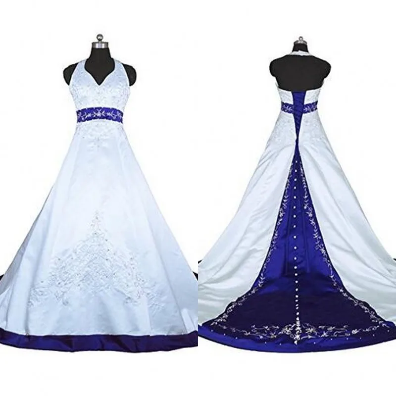 Vintage Bride Dress Halter A Line Embroidery White And Blue Satin Retro  Wedding Dress M170717-3 - Wedding Dresses - AliExpress