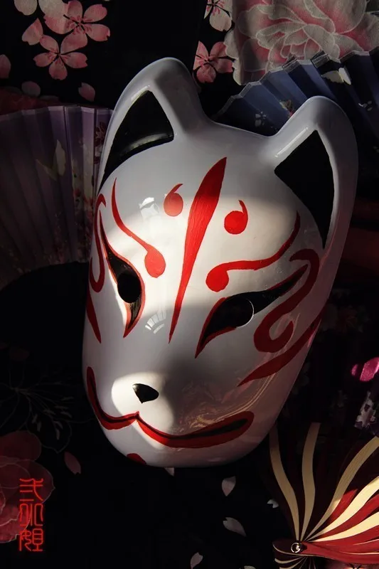 Ручная роспись полное лицо японская лиса маска демон костюм кицунэ ПВХ Маскарад Хэллоуин Мультфильм персонаж маска красный синий