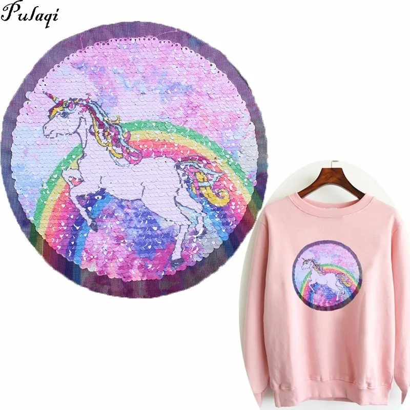 

Pulaqi Kids Round Reversible Sequin Sew On Patch Applique Unicorn Embroidered Patches Horse Patch For Clothes Apparel Stripes H