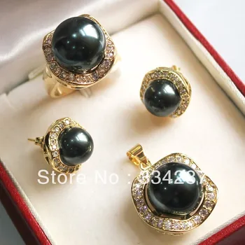 

10mm &14mm black Shell Pearl Earrings Ring Necklace Pendant Set
