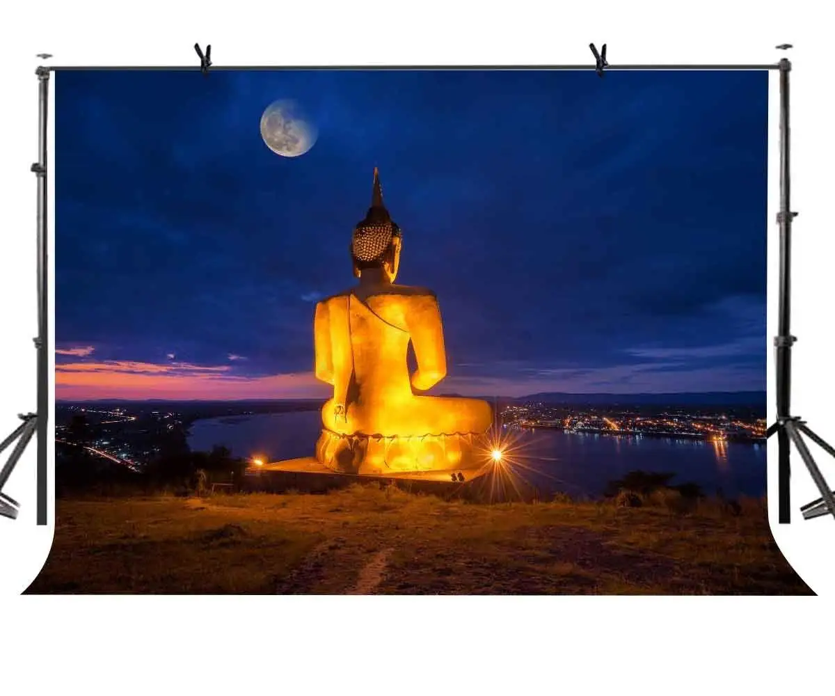 

7x5ft Golden Buddha Backdrop Night Bright Golden Buddha Photography Background and Studio Photography Backdrop Props