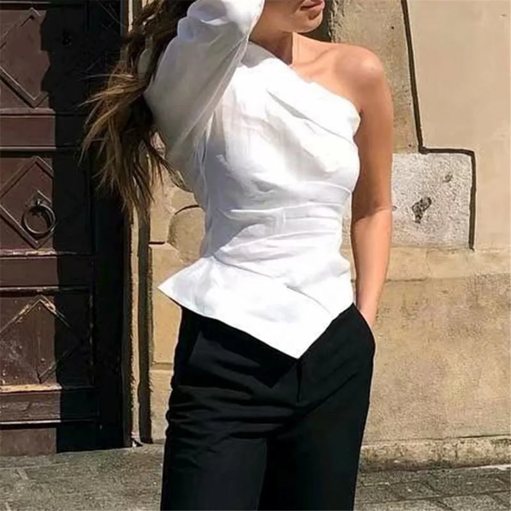 Белая женская рубашка на одно плечо летние топы блузка Blusa повседневные пляжные