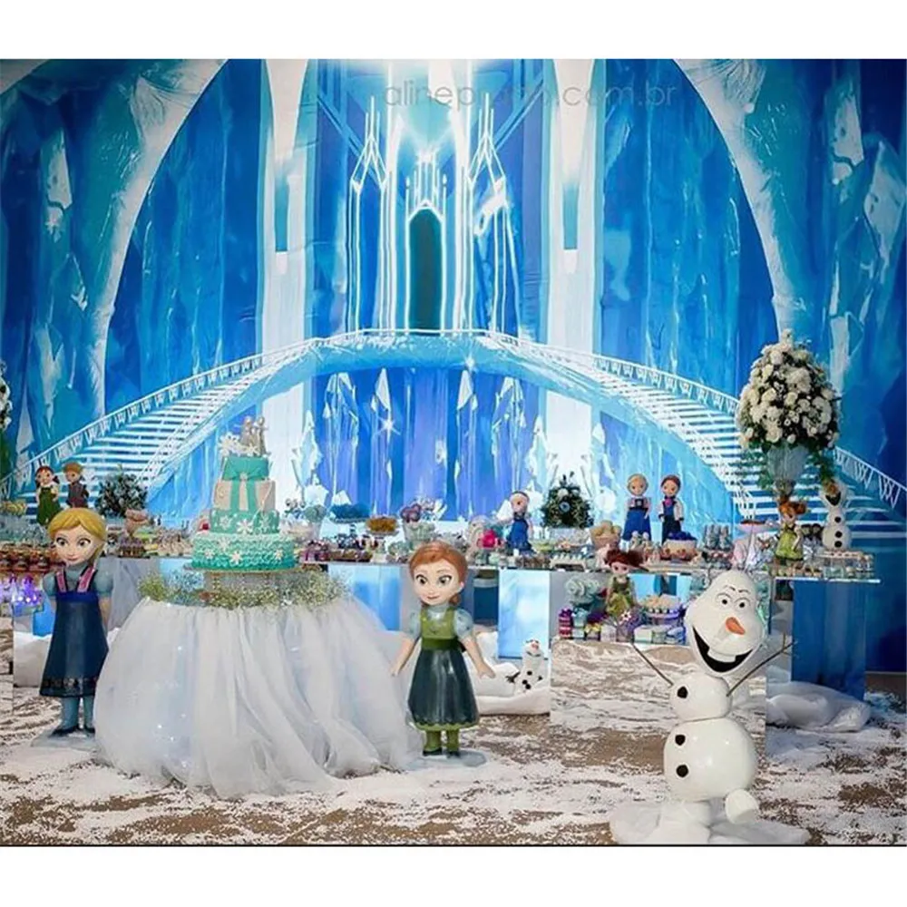 

Photo Backdrops Vinyl Children Birthday Party Stairs Ice Kid Frozen Palace Blue Backdrop photography background