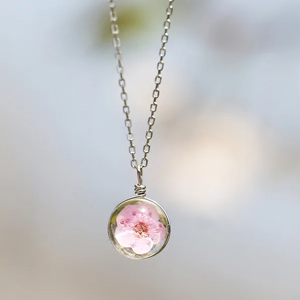pink glass Peach blossom necklace women 100% 925 Sterling silver nacklace Jewellery Clavicle chain pendant charms gift
