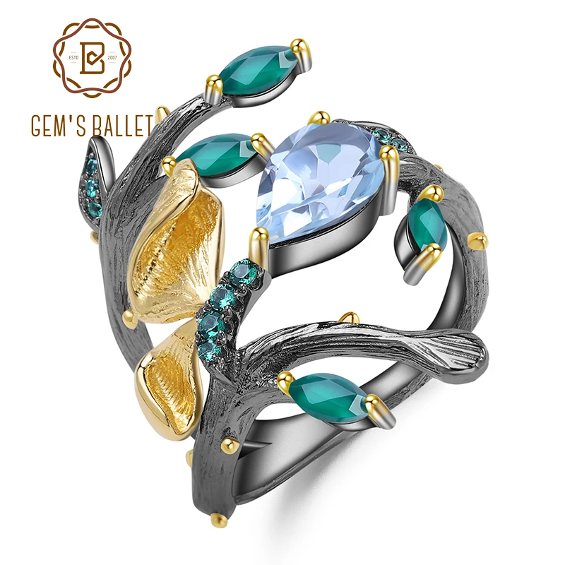 

GEM'S BALLET 2.29Ct Natural Sky Blue Topaz Ring 925 Sterling Silver Original Handmade Butterfly on Branch Rings for Women Bijoux