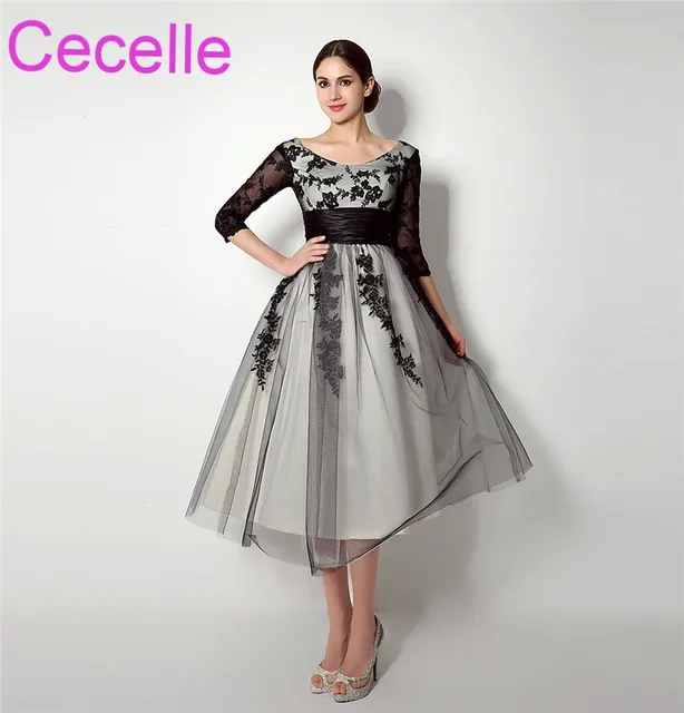 Vintage Tea Length Black Short Wedding Dresses 2018 With 3 4 Sleeves Vintage Tea Length Black Short Wedding Dresses 2018 With 3 4 Sleeves Lace Tulle Informal