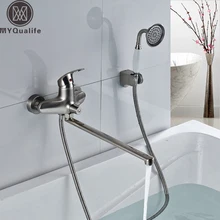 Лучшее качество длинный выход смеситель для ванны с изливом настенный более длинный нос струйный смеситель для ванны с ручной душ и кронштейн