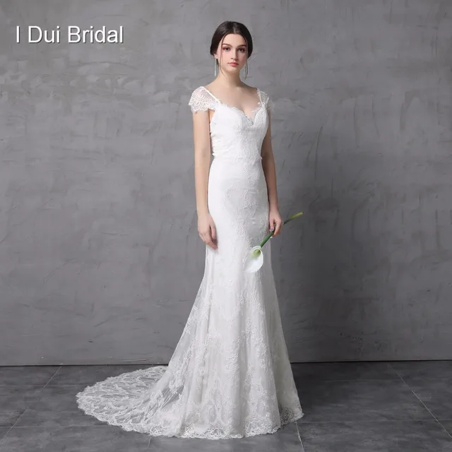 Sheath Lace Wedding Dress Real Photo 2017 New Style Cap Sleeve Bow Sheath Lace Wedding Dress Real Photo 2017 New Style Cap Sleeve Bow Tie V Back High