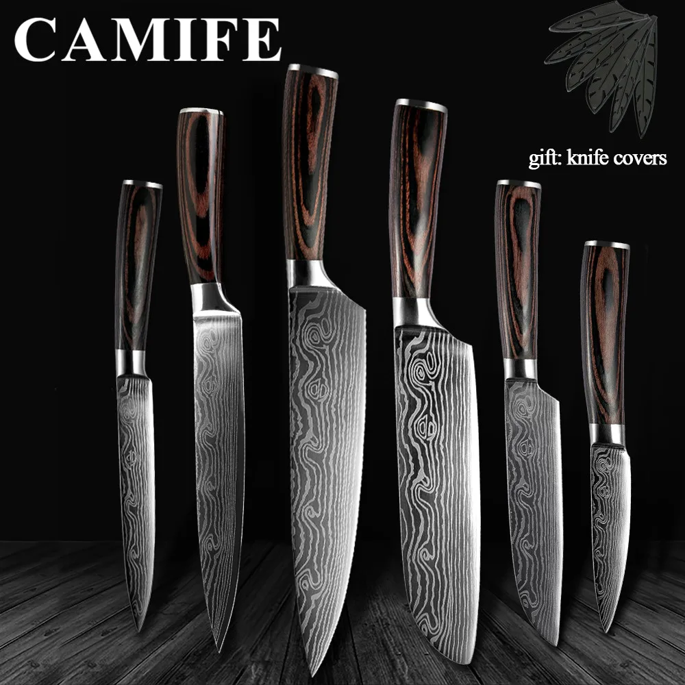 

Stainless Steel Kitchen Knives Gift Covers Imitation Damascus Pattern Steel Fruit Utility Santoku Cleaver Slicing Chef Knife