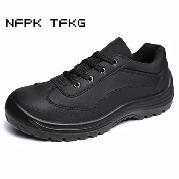 

mens casual large size steel toe cap working safety shoes cow leather non-slip platform puncture proof lace-up tooling low boots