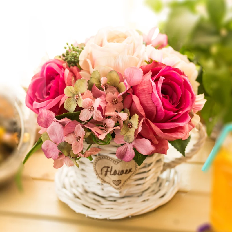 

1 Set Variety Artificial Flowers Rose Bouquet Wicker Rattan Cup Basket Vase Bonsai Wedding Home Shop Decor Fake Flower 15Color