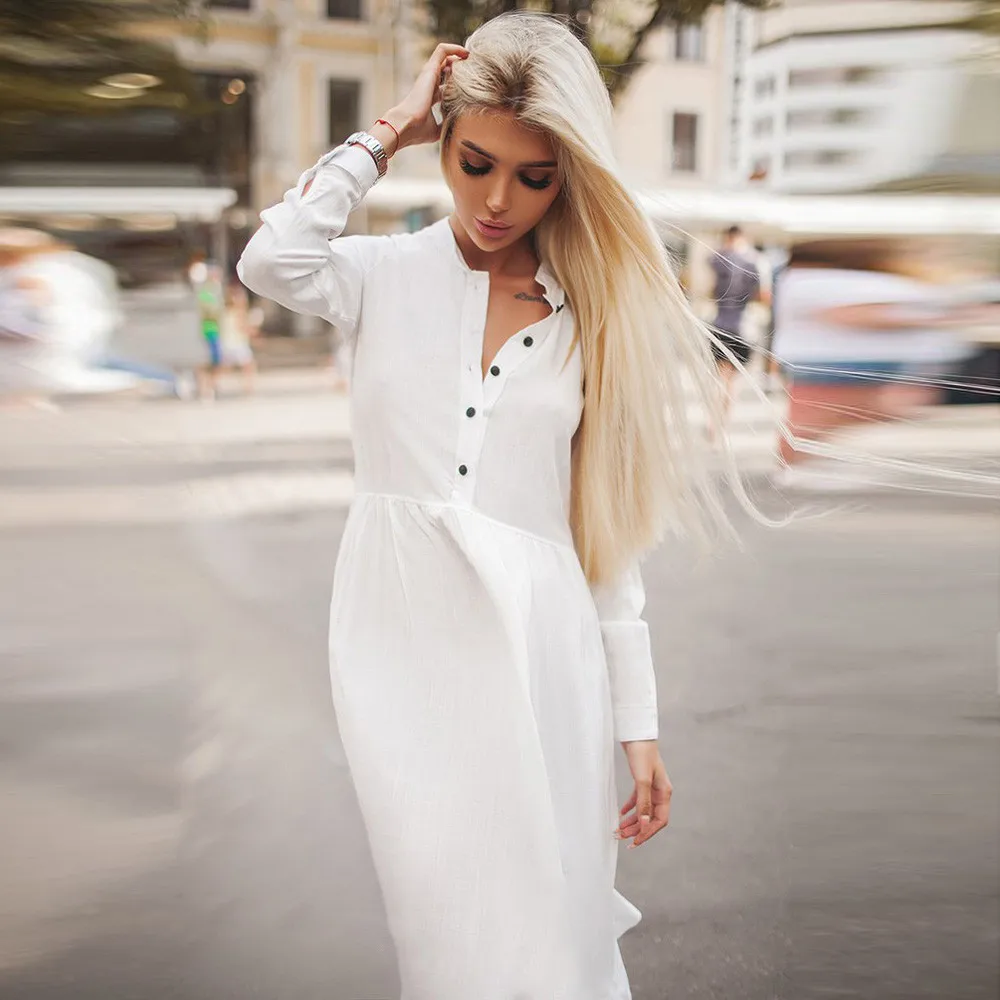 

New Fashion Women Dress Casual Botton England Solid Long Sleeve V-Neck Shirt Dress Casual Loose Stand long dress vestido