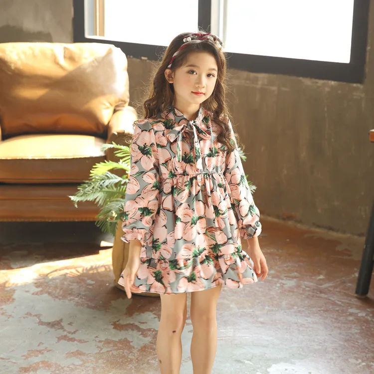 floral big girls school dress long sleeve 2018 new spring summer autumn a live children dress print flower baby girls clothing