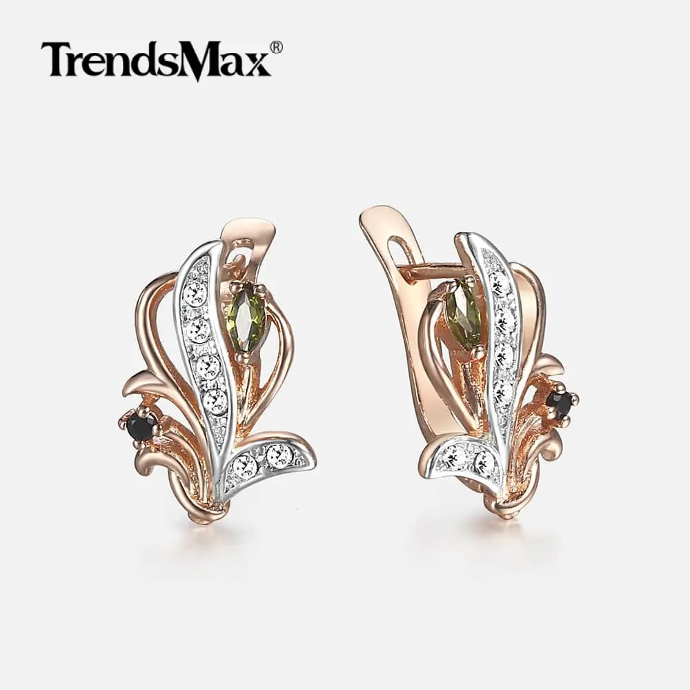 

Green Black Cubic Zircon CZ Earrings For Women Flower Shaped Stud 585 Rose Gold Color Earring Drop Shipping Woman Jewelry GE255