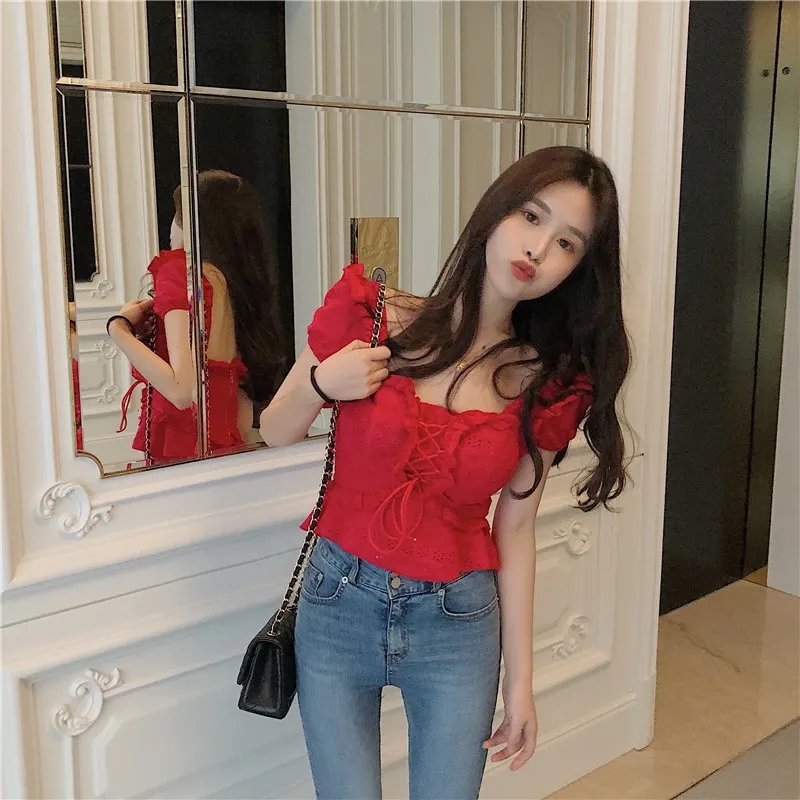 Women Korean Lace Up Casual Shirts Hollow Out Ruffles Embroidery Blouses Female Patchwork Square Neck Sexy Shirts