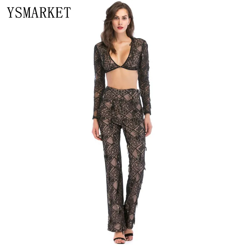 Summer Black Two Piece Suit Womens Set Clothing Sequins Splice V neck Long Sleeve Sexy Top With long pants set A21816 |