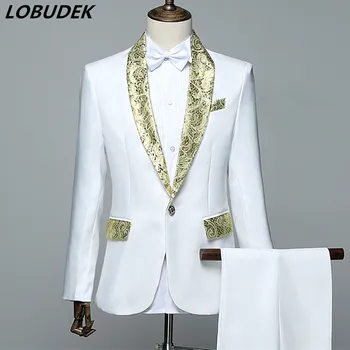 

Men's Formal Suits Black white Crystals Slim Blazers Group musical performance Costume Wedding Party Prom Host singer Stage suit