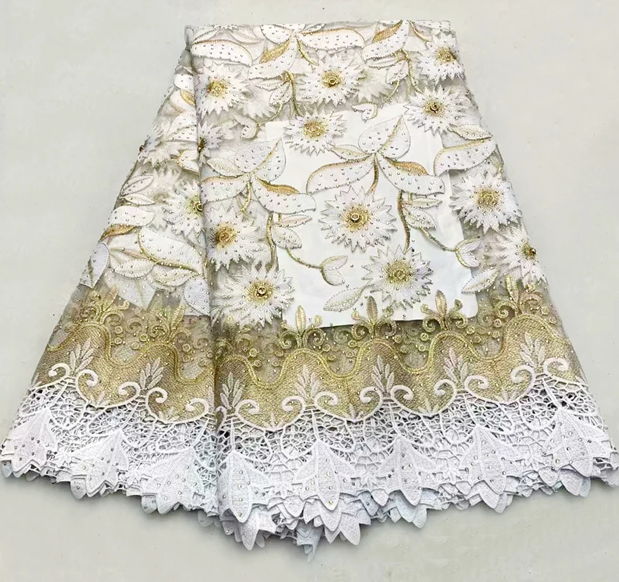 

Beautiful Flower design White+Gold French mesh lace fabric african embroidery tulle lace fabric for big occasion party dress