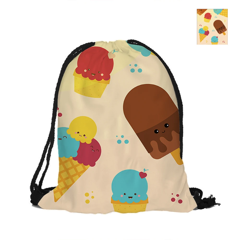 Ice Cream Printed Drawstring Backpack Double Sided Printing Polyester Pouch Backpacks For Travel And School Welcome Summer | Багаж и сумки