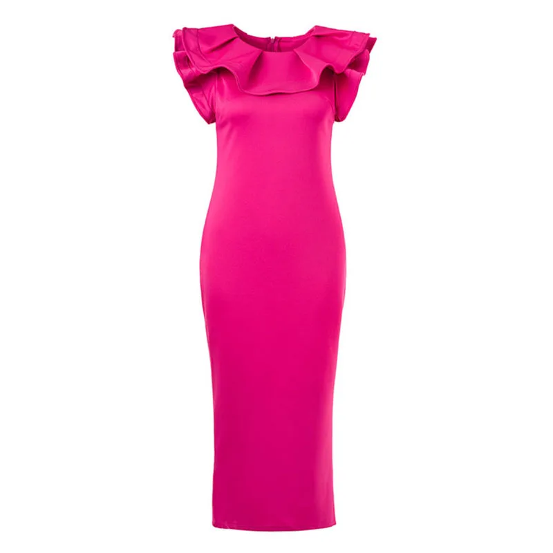 Women Fashion Formal Party Wear Dress Black Rose Carmine Solid Tight Fitting Ruffle Neckline Design Mid-Calf Wrapped Vestidos (7)