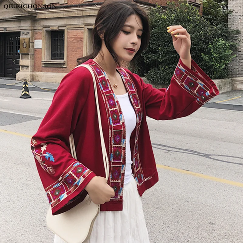 

Kimono Cardigan Women Autumn Summer Cardigan Long Flare Sleeve Vintage Boho Ethnic Patterns Embroidery V Neck Cotton Tops Ladies
