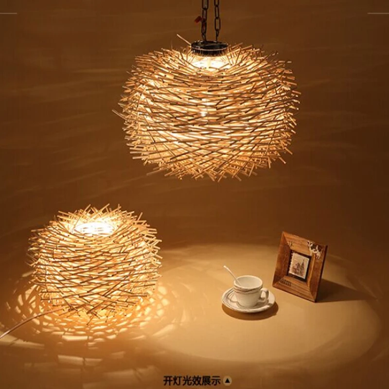  Nordic Creative Wood Pendant Light 220v E27 handmade suspension light bird nest shape hanging Lamp  - 32562126833