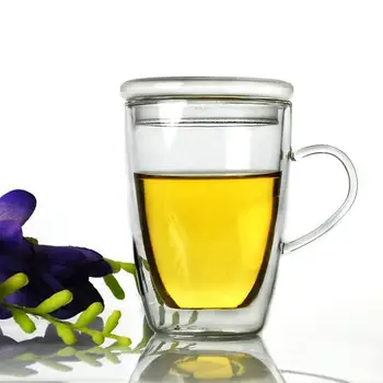 

1PC new arrival high temperature heat resistant double layer glass tea coffee cup with lid handle Mug OS 0133