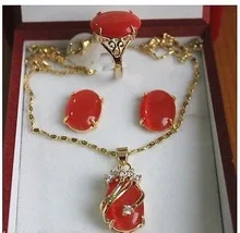 

New red gem Inlay Crystal pendant Necklace ring earring set Smiling Quartz Fine Plated Bridal wide watch wings queen