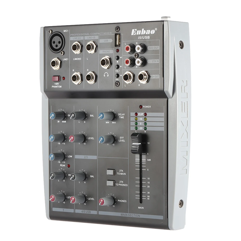 5 Channels Music Audio Mixer Mixing Console 2 Band EQ with USB XLR LINE Input 48V Phantom Power