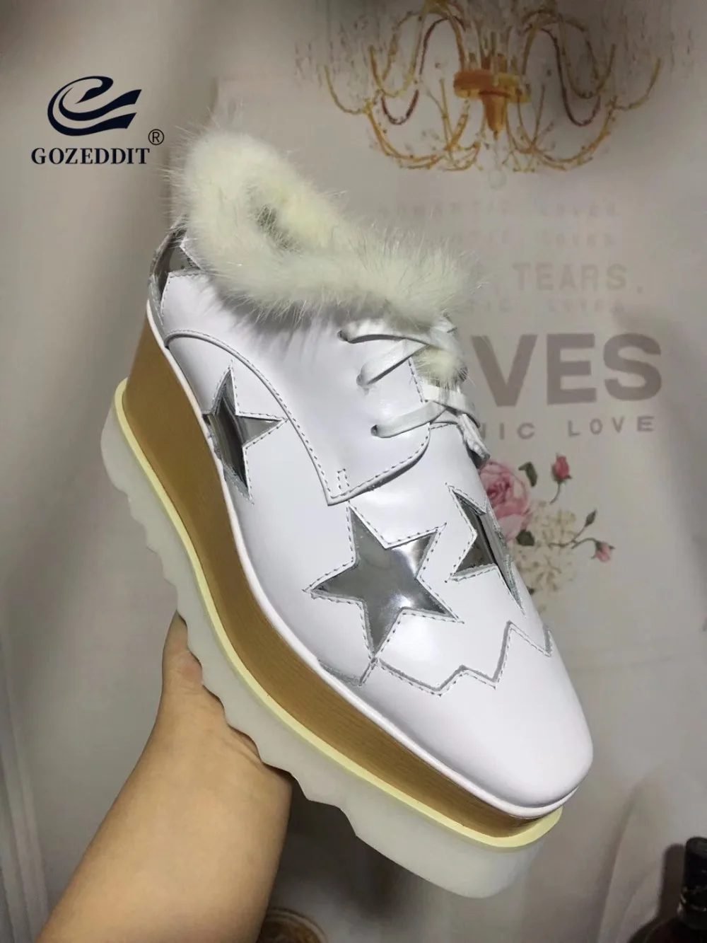 

GOZEDDIT Rabbit Hair Platform Creepers Women Real Fur Sneak 8cm Wedges Shoes Shearing Genuine Leather