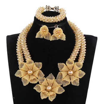 

New Champagne Gold Chunky Flowers Crystal Bridal Jewelry Sets Indian African Nigerian Wedding Necklace Set Free Shipping WE166