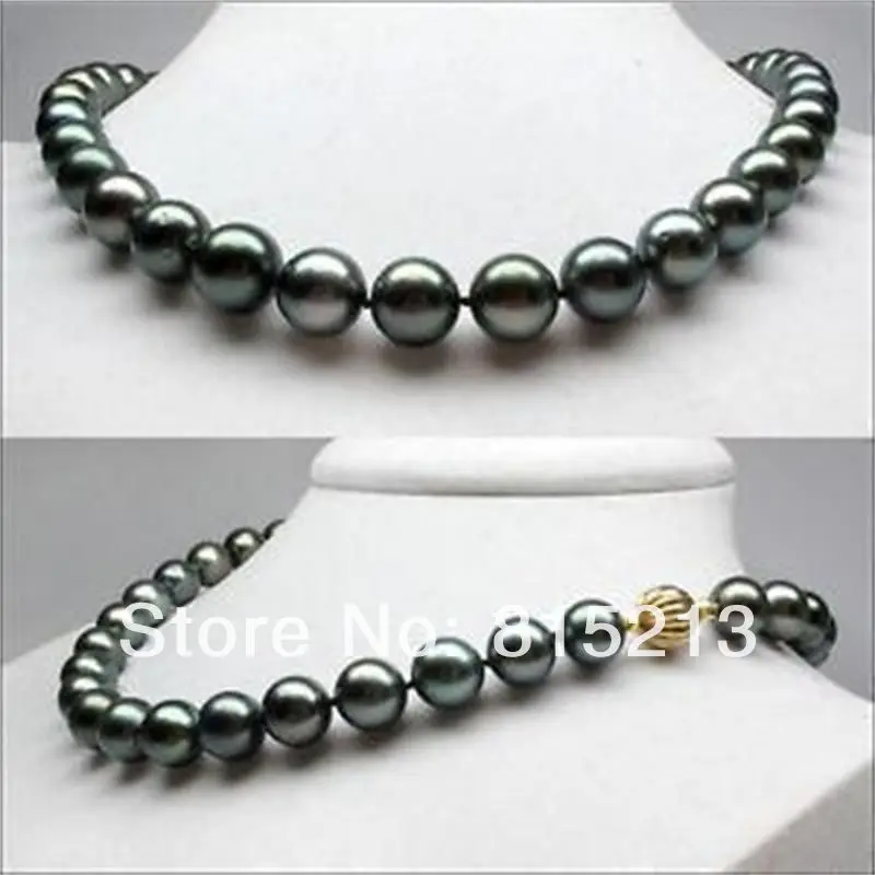

FREE SHIPPING>@@> N1099 10-12MM GENUINE NATURAL TAHITIAN BLACK GREEN PEARL NECKLACE