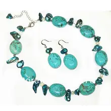 New Arriver Genuine Natural Turquoise & Freshwater Pearl Necklace Earrings Jewelry Set 6-20mm 925 Silver Earring Free Shipping